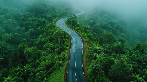 fotografía aérea de un camino curvo a través de un denso bosque verde perfecto para la temporada de lluvias