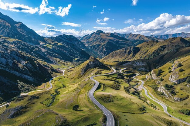 Fotografía aérea de una carretera serpenteante en los Pirineos