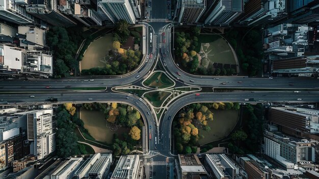 Fotografía aérea de carreteras torcidas rodeadas de parques en el centro de la ciudad