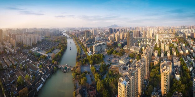 Fotografia aérea centro da cidade de hangzhou edifício paisagem horizonte panorama