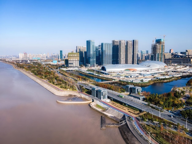 Fotografía aérea ciudad de hangzhou arquitectura paisaje horizonte