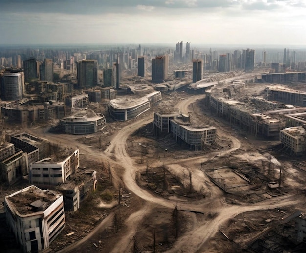 Fotografía aérea de una ciudad moderna después del apocalipsis