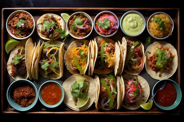 Fotografía aérea de una colorida variedad de tacos con varios rellenos