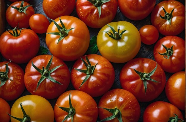 Fotografía aérea de una colorida variedad de tomates y jugo