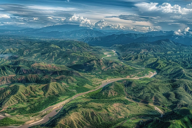 Fotografía aérea de la cuenca del río Pastaza desde una baja altitud desde un helicóptero de tamaño real