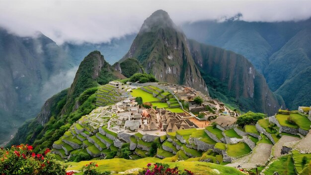 Fotografia aérea da bela aldeia ao lado da montanha capturada em Machu Picchu, Peru