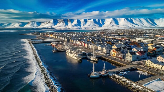 Foto fotografia aérea da cidade costeira de reykjavik com montanhas cobertas de neve contra um céu azul