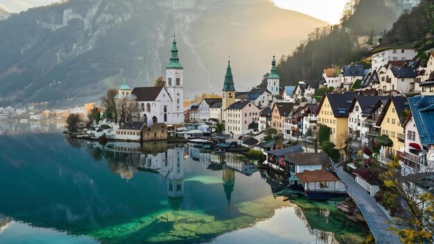 Fotografia aérea da cidade de Hallstatt, na Áustria