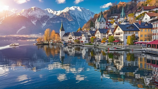 Fotografia aérea da cidade de Hallstatt, na Áustria