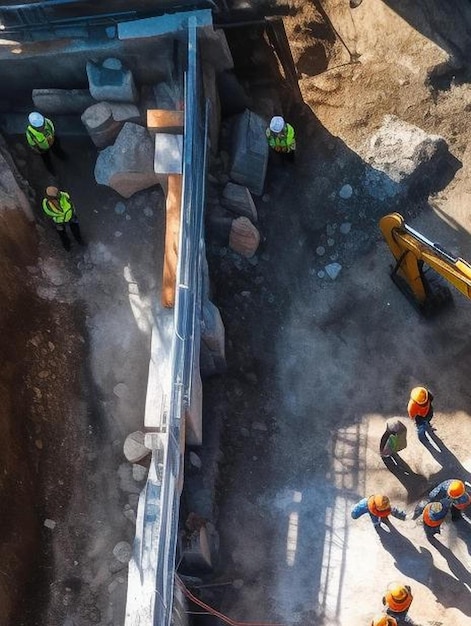 Fotografia aérea de cima para baixo de um local de construção com uma equipe diversificada de engenheiros e trabalhadores com