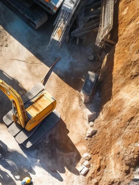 fotografia aérea de cima para baixo de um local de construção com uma equipe diversificada de engenheiros e trabalhadores com