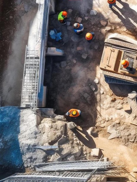 fotografia aérea de cima para baixo de um local de construção com uma equipe diversificada de engenheiros e trabalhadores com