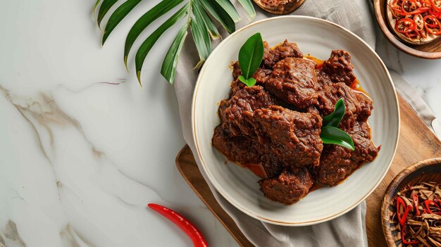 Fotografia aérea de delicioso Beef Rendang em um fundo branco minimalista