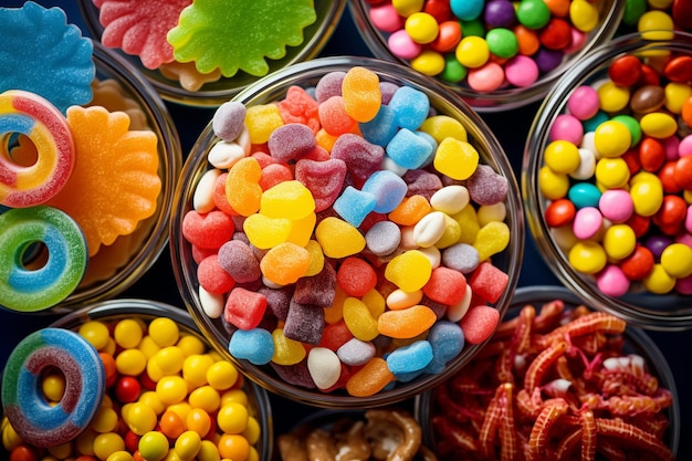 Fotografia aérea de embalagens de doces dispostas em um padrão decorativo