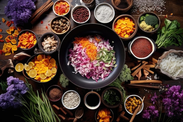 Fotografia aérea de ingredientes coloridos prontos para o wok