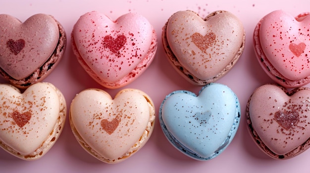 Fotografia aérea de macarrões em forma de coração pastel perfeitos para o Dia dos Namorados Conceito do Dia dos Namoros Fotografia de comida Cores pastel Desserts românticos Composição criativa
