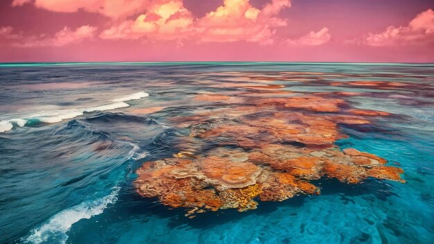 Fotografia aérea de recifes de coral na costa do mar com incríveis texturas de água e ondas