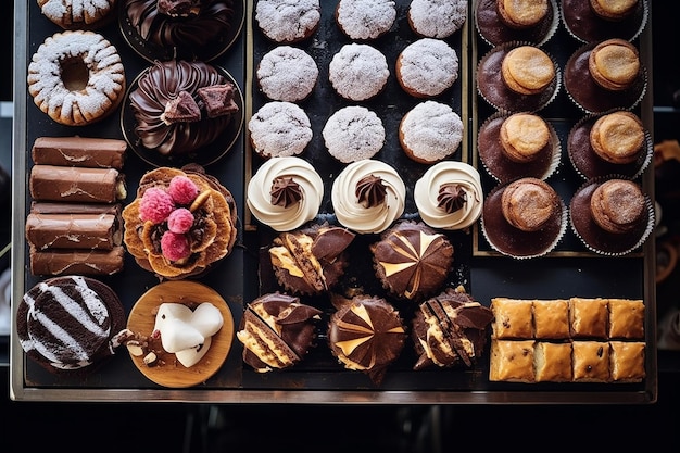 Foto fotografia aérea de um balcão de exibição cheio de pastéis e bolos variados