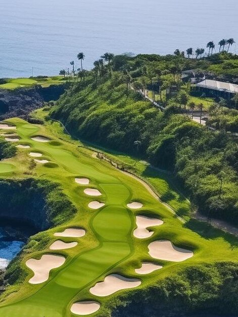 fotografia aérea de um belo campo de golfe no topo de um penhasco rochoso em um resort turístico de luxo ensolarado em