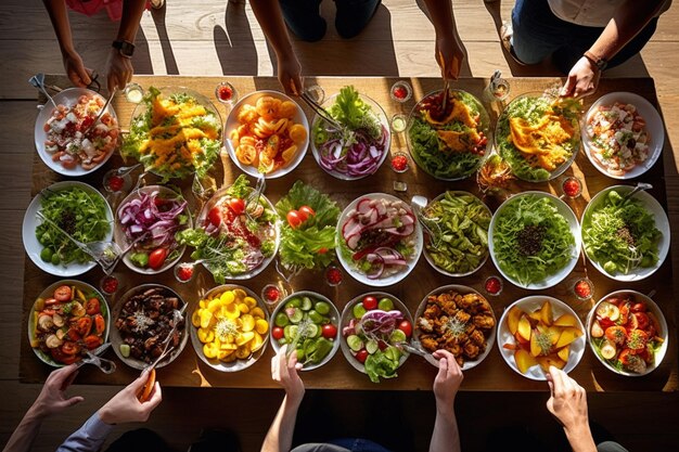 Foto fotografia aérea de um buffet de salada em um evento com pessoas se servindo