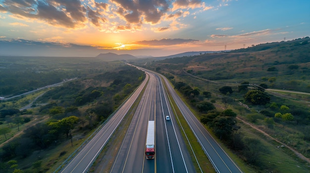 Fotografia aérea de um caminhão moderno passando rápido pela vibrante rodovia