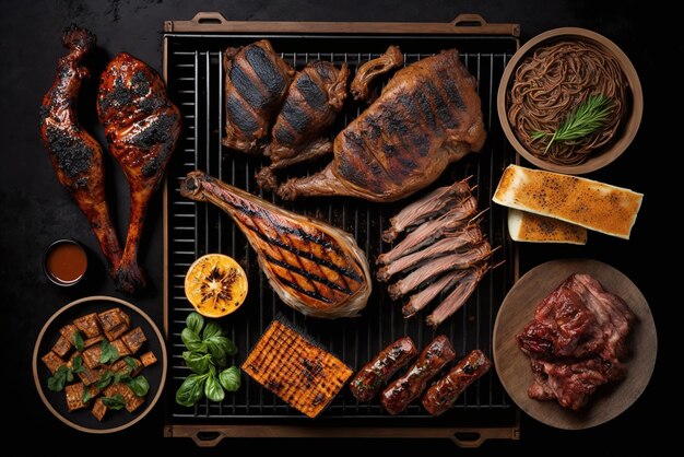 Fotografia aérea de um churrasco com as carnes organizadas na grelha como uma colina