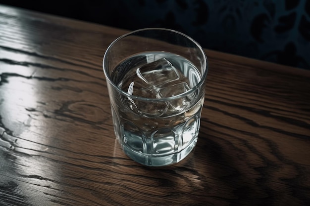 Fotografia aérea de um copo de água fria em uma mesa criada com IA gerativa