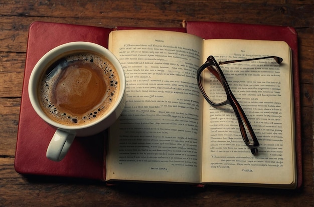 Fotografia aérea de um livro aberto com óculos de leitura