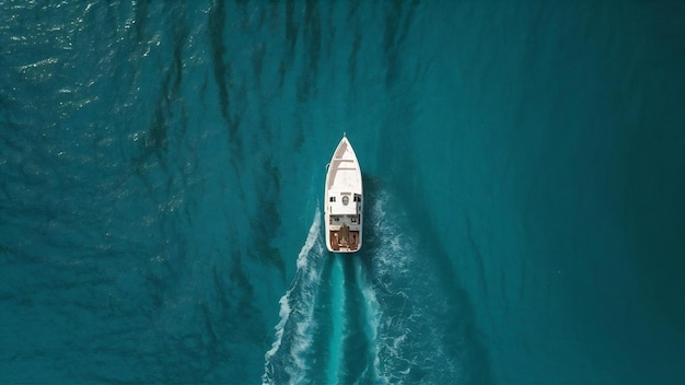 Fotografia aérea de um pequeno barco branco navegando no oceano