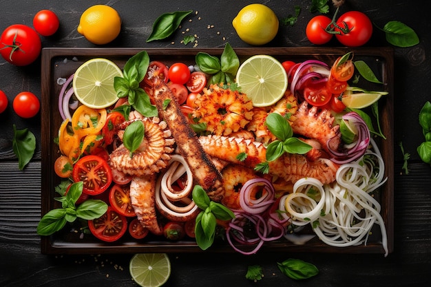 Fotografia aérea de um prato de frutos do mar com espetos de camarão de salmão grelhado e calamares