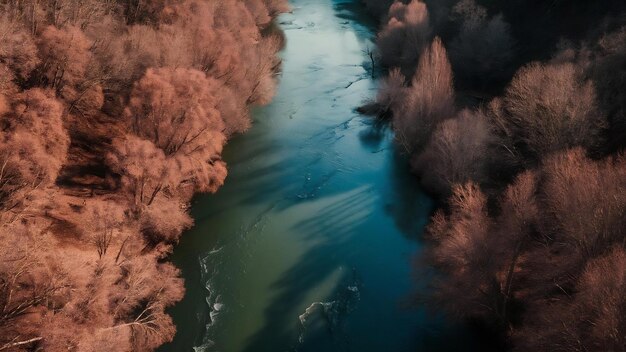 Foto fotografia aérea de um rio no meio de árvores de folhas castanhas