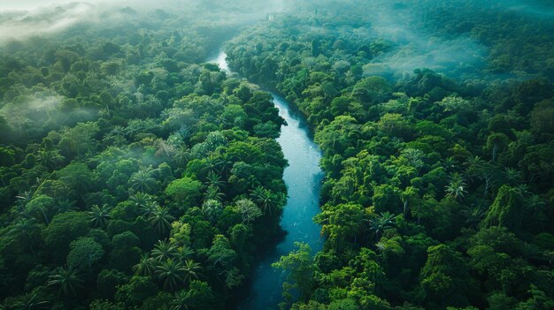 Fotografia aérea de um rio serpenteando através de uma floresta tropical nebulosa