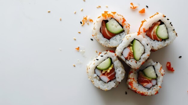 Fotografia aérea de um Spicy Tuna Roll em um fundo branco minimalista