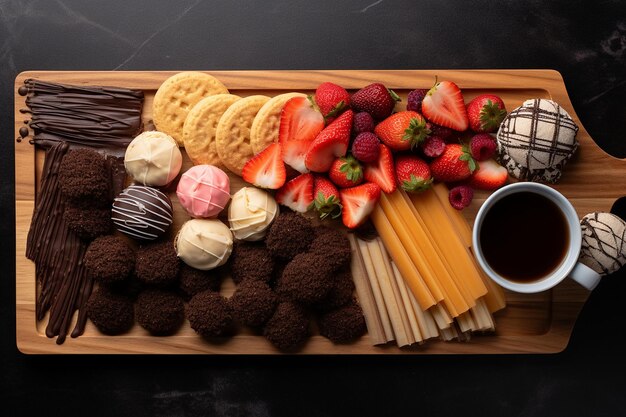 Fotografia aérea de um tabuleiro de charcuteria de sobremesas com doces e frutas