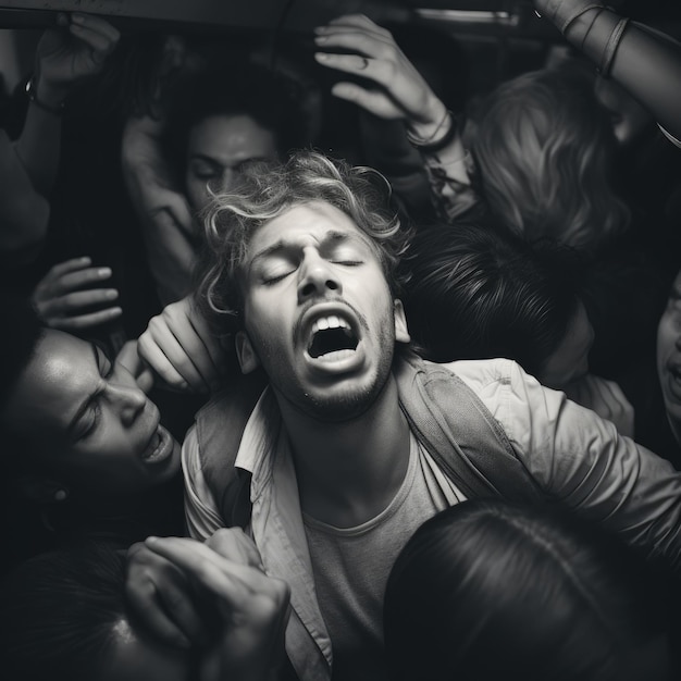 Fotografia aérea de um trem lotado com jovens mostrando o momento esmagador