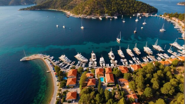 Foto fotografia aérea de uma marina com barcos em uma enseada serena