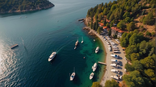 Foto fotografia aérea de uma marina com barcos em uma enseada serena