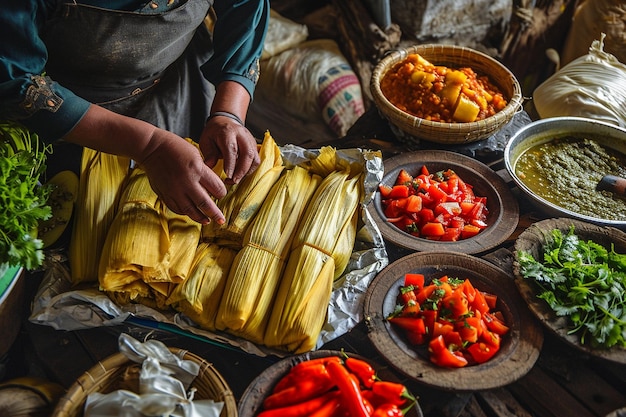 Foto fotografia aérea de uma pessoa preparando tamales hondurenhos