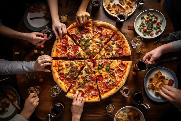 Foto fotografia aérea de uma pizza sendo servida em uma festa de pizza casual