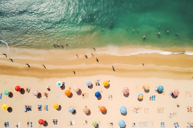 Fotografia aérea de uma praia movimentada com pessoas nadando