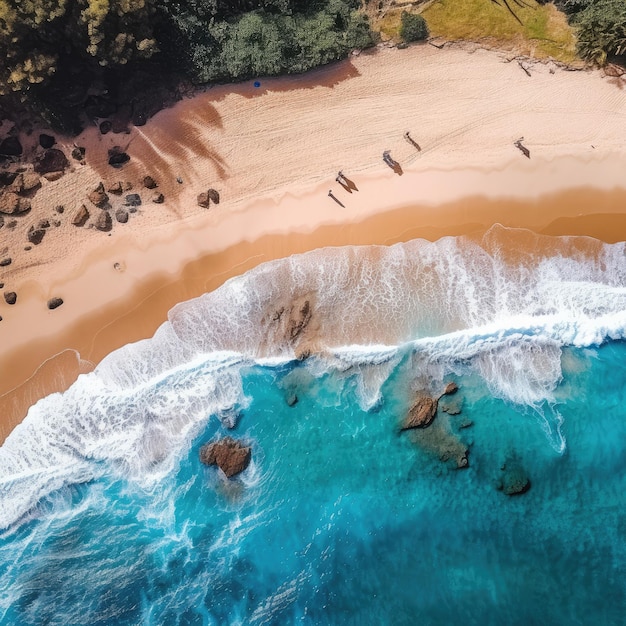 Fotografia aérea de uma praia paradisíaca onde os soles do mar quebram a costa