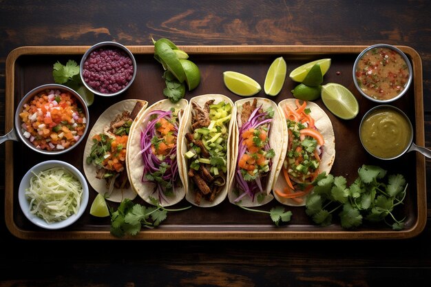 Fotografia aérea de uma prancha de tacos com carnes variadas e coberturas