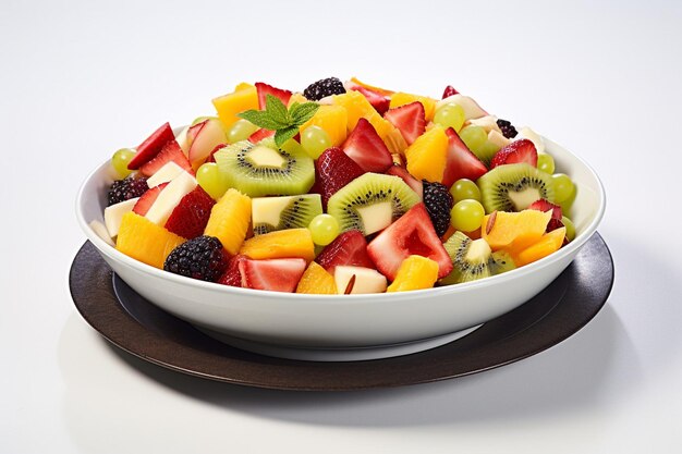 Fotografia aérea de uma salada de frutas organizada em um padrão de estrela em um prato branco