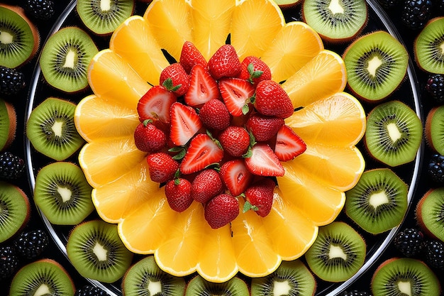 Fotografia aérea de uma salada de frutas servida em uma tigela de cerâmica vintage