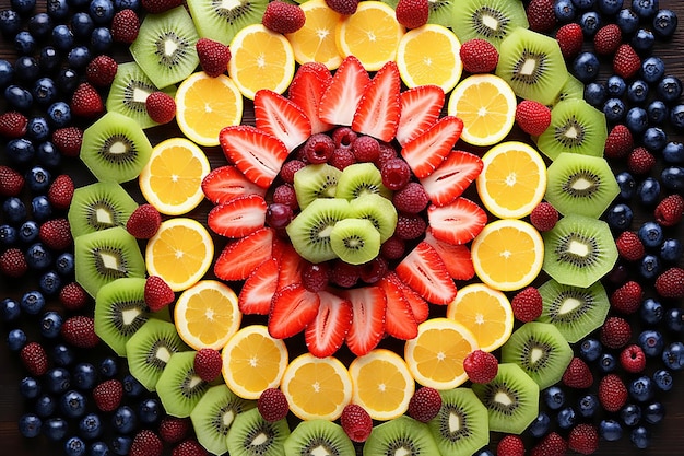 Fotografia aérea de uma salada de frutas servida em uma tigela de cerâmica vintage