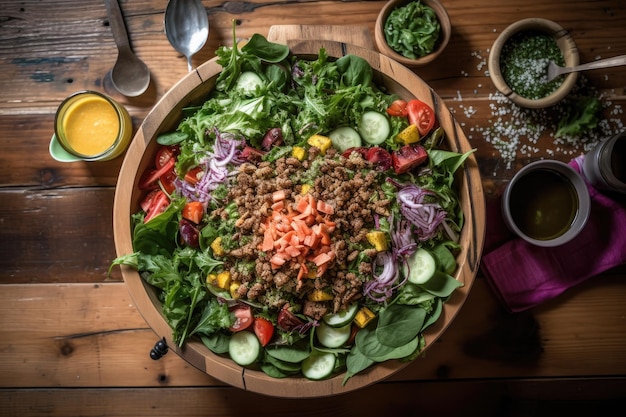 Fotografia aérea de uma salada vegana em uma mesa de madeira criada com IA generativa