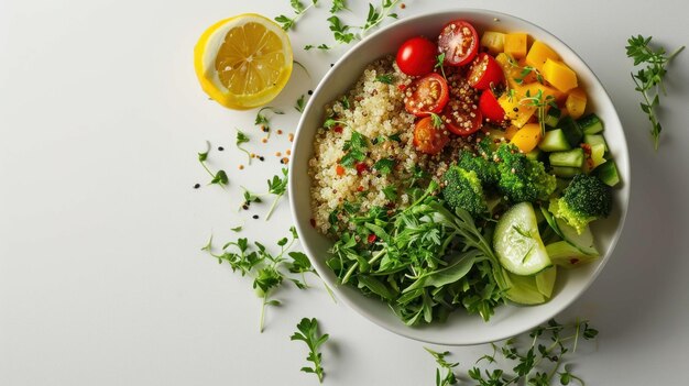 Fotografia aérea de uma tigela de salada de quinoa em um fundo branco minimalista