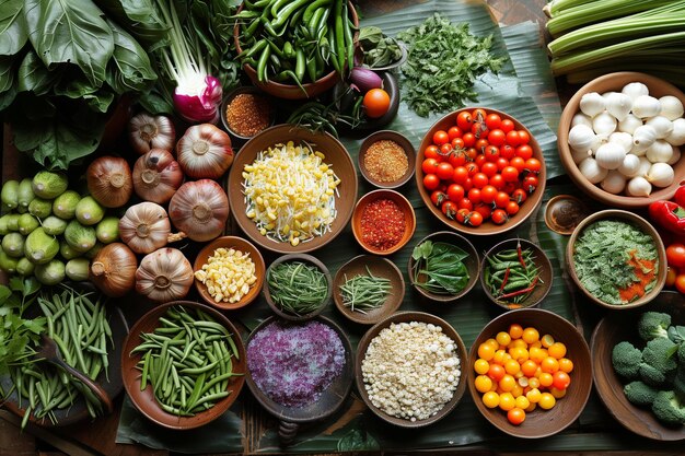 Fotografia aérea de uma variedade colorida de legumes e grãos cuidadosamente dispostos em tigelas em um g