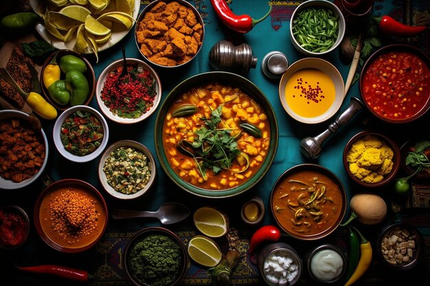 Fotografia aérea de uma variedade colorida de pratos mexicanos em uma mesa