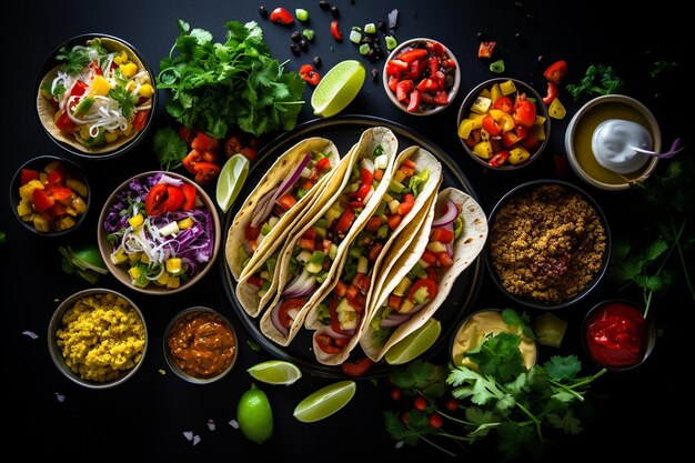 Fotografia aérea de uma variedade colorida de pratos mexicanos sobre uma mesa